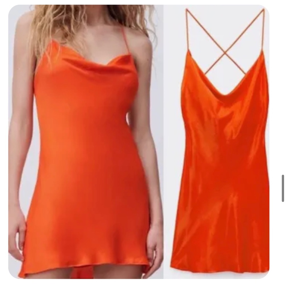 Zara Satin Effect mini slip dress, orange